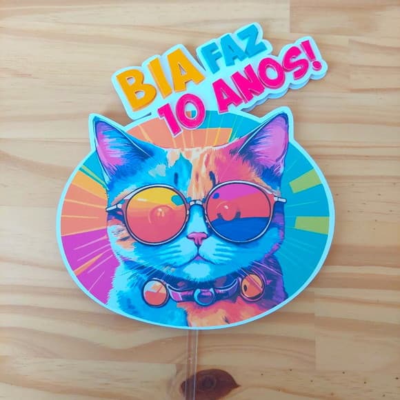 Topo de Bolo Gato Engraçado de Óculos Festa Felinos